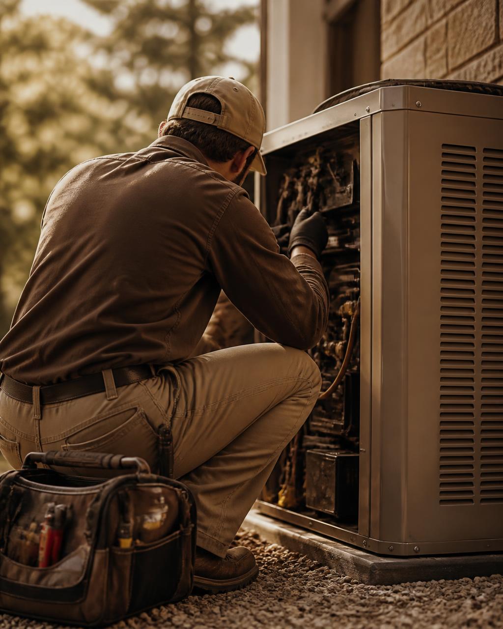 An HVAC technician working at an outdoor condenser unit with the access panel open